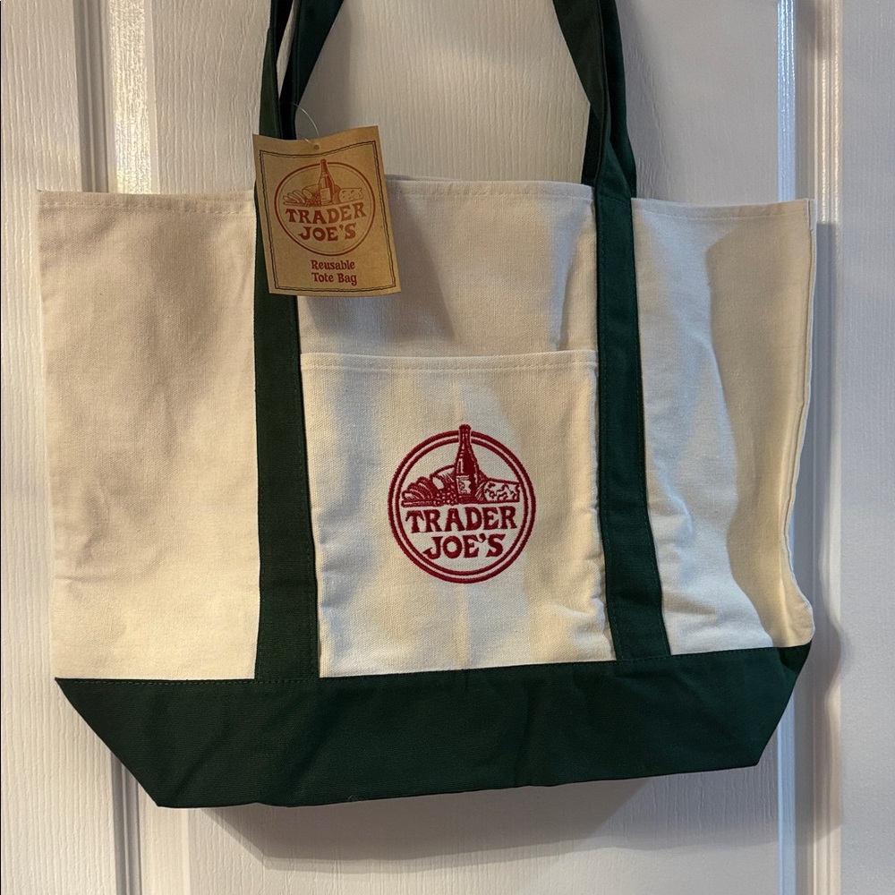 Trader Joe's Cream and Forest Green Canvas Tote Bag